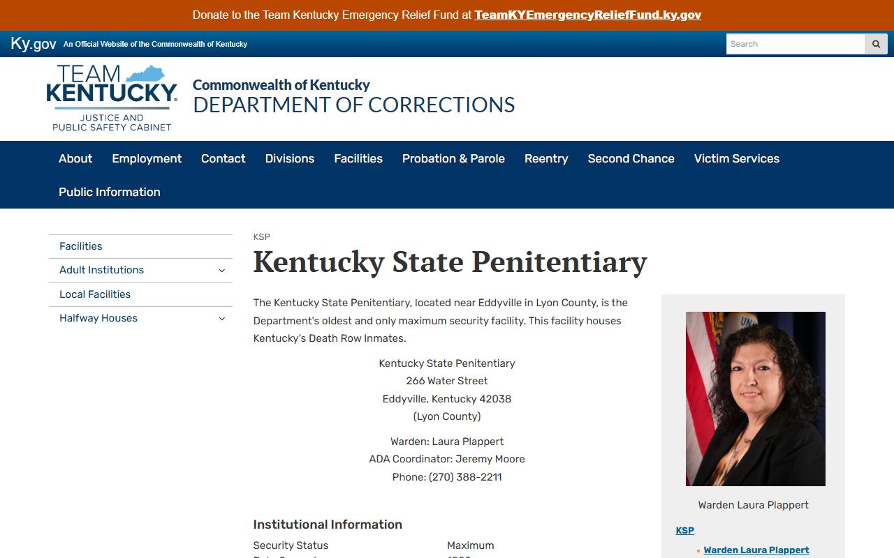 Kentucky State Penitentiary inmate lookup official DOC page in Lyon County