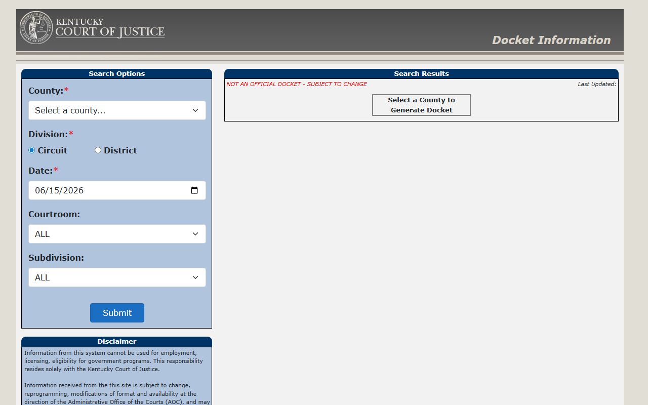 Lyon County court records docket search fields