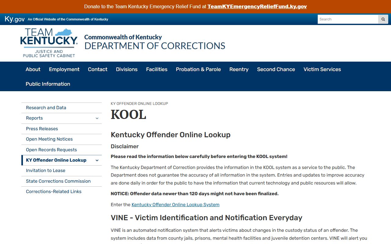 Kentucky State Penitentiary inmate lookup KOOL information for Lyon County